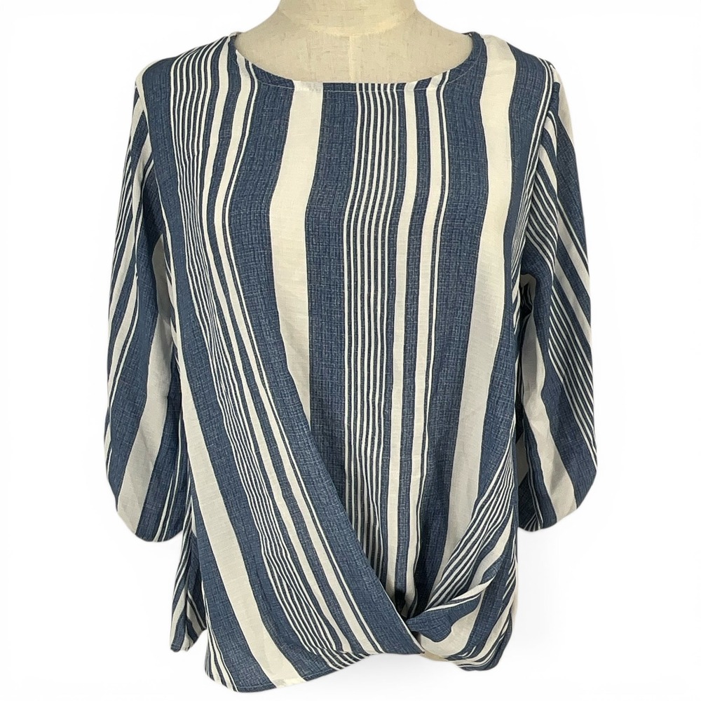 12PM by Mon Ami Women Blue White Stripe Twist Front 3/4 Sleeve Blouse S Nautical
